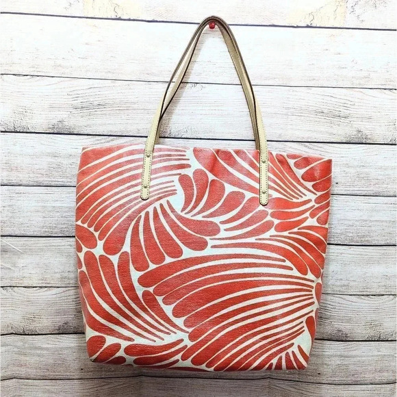 Kate Spade New York Large Canvas Tote Bag No Zipper Tropical Print Cream Red - Picture 2 of 10